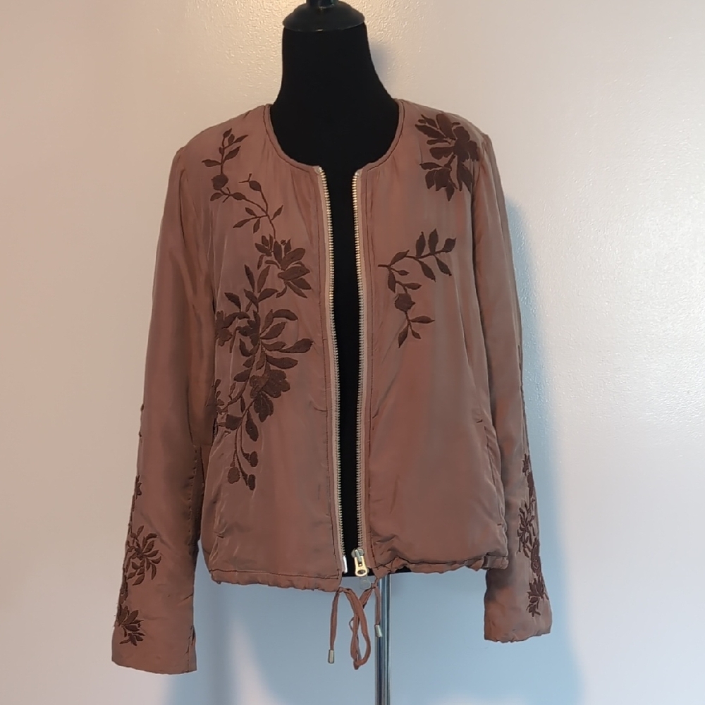 Free People Silk Embroidered Bomber Jacket in Dusty Pink
